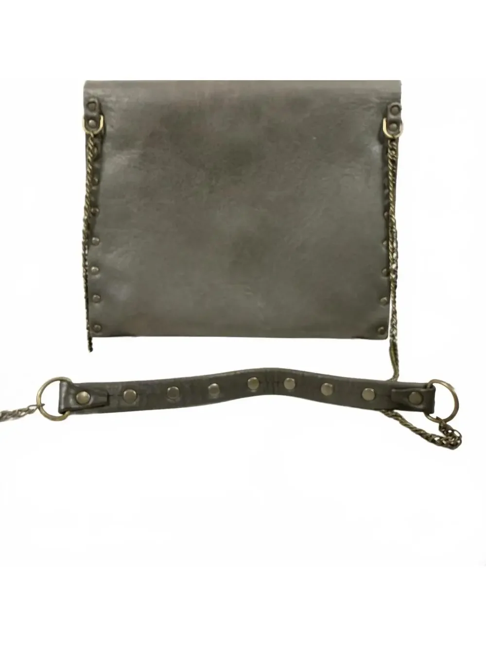 Vintage‎ Gray Leather Studded Clutch with Gold Chevron Accents